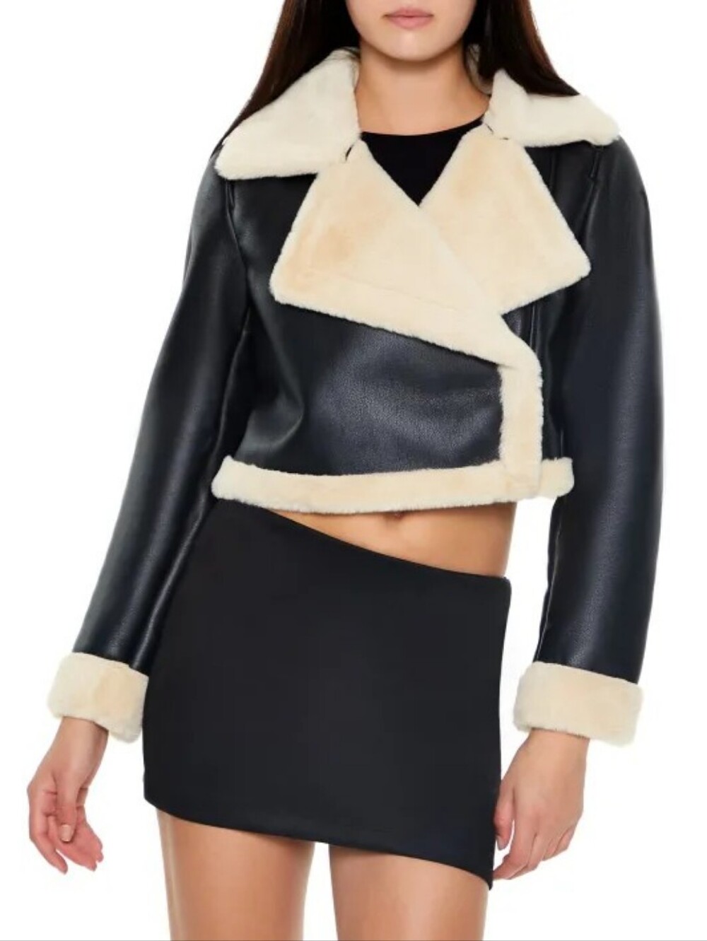 Forever 21 Cropped Faux Fur Moto Jacket Black/Cream XS - Picture 14 of 14